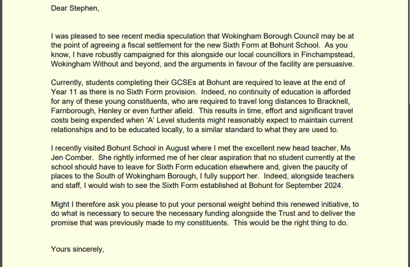 James' Letter on Bohunt Sixth Form